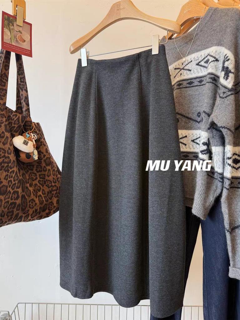 Шерстяная юбка MUYANG, облегающая бедра, с шелком тутового дерева и кашемиром - Средняя длина, зауженный крой-тюльпан, стройнящая