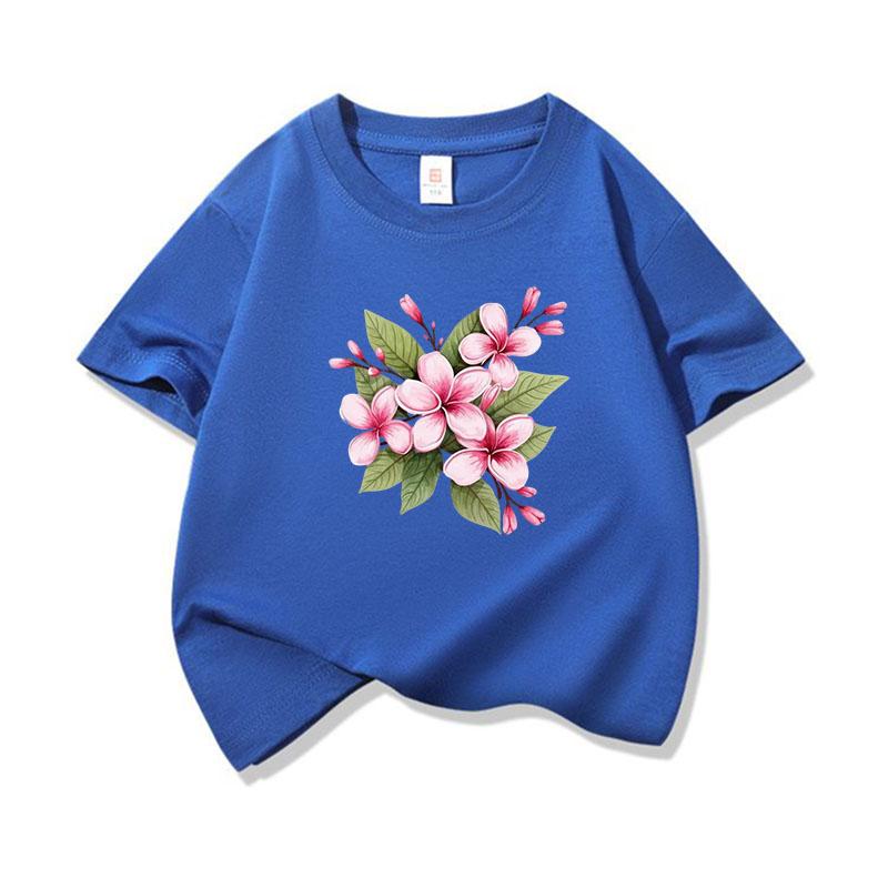 Kids Cotton T Shirt Pink Plumeria Floral Print Crew Neck Short Sleeve Tee Casual Breathable Boys Girls Summer Tops