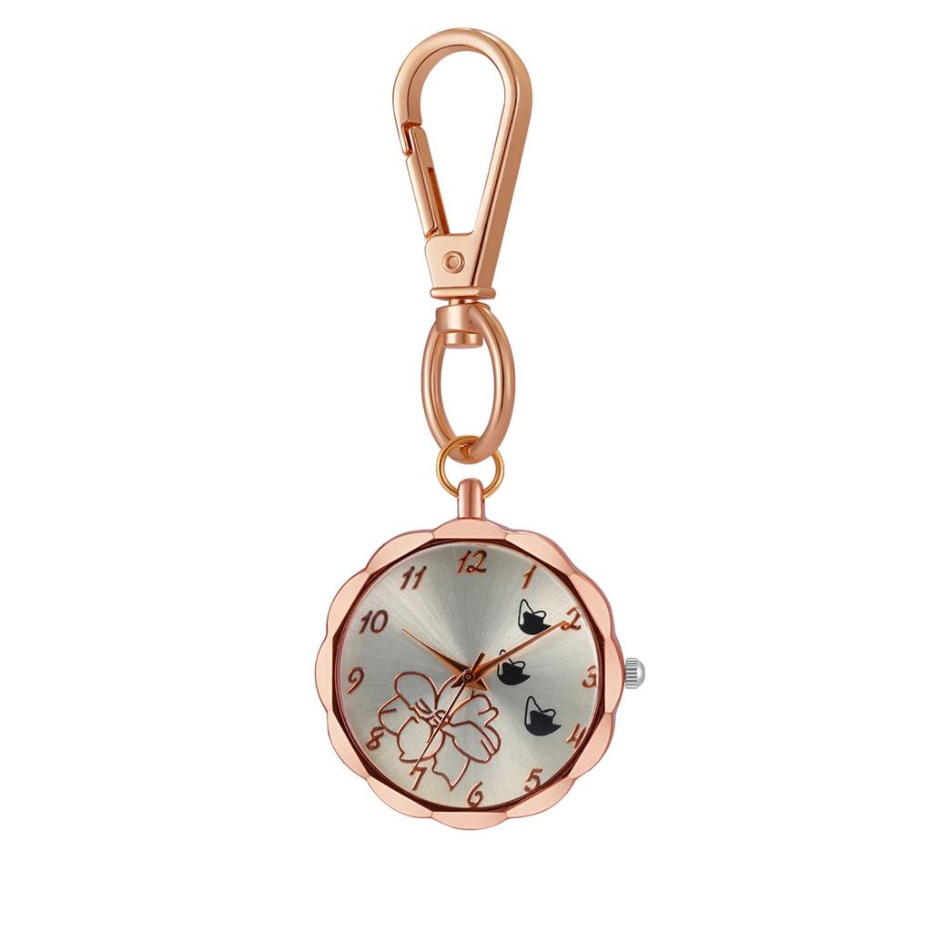 Watch Keychain Clip Pocket Watch Ladies Analog Flower Nurse Watch Waterproof Cute Rose Gold Fashion Accessory