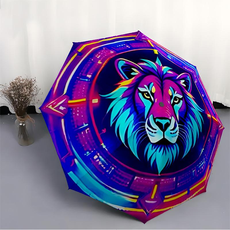 1pc Lion Head Art Automatic Folding Umbrella, 8-Rib Iron Frame, Casual Outdoor Accessory for Birthday Festival Gifts yy251128111