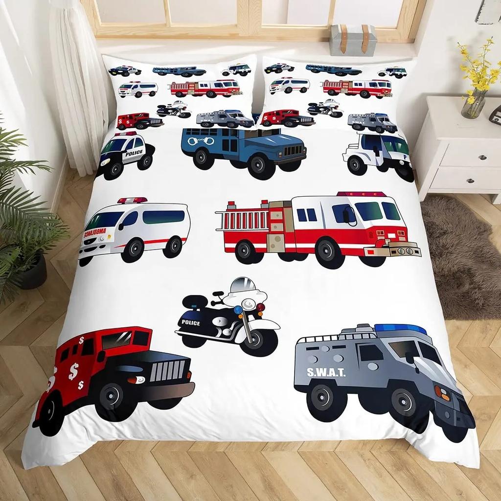 Police Car Duvet Cover Set King Queen Size Polyester Quilt Cover Cartoon Car Pattern For Kids Teens Bedding Set With Pillowcase