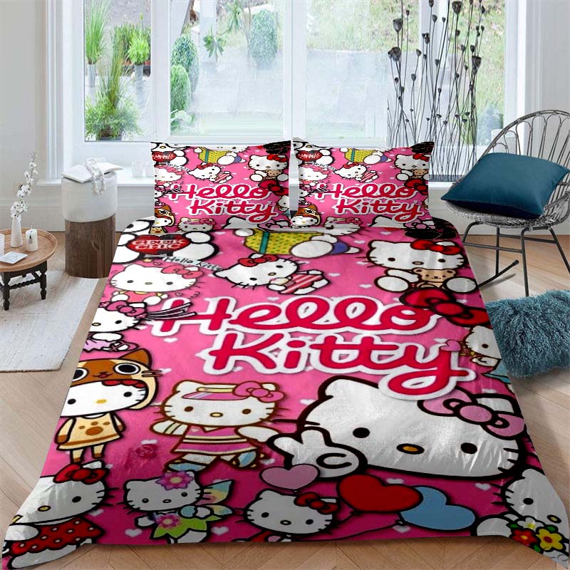 3D printed Hello Kitty duvet cover and pillowcase bedding set, available for single, double, and king-size beds, suitable for