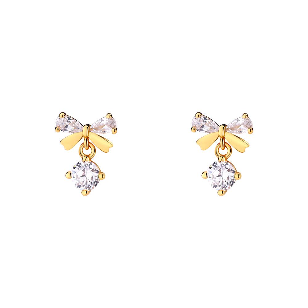 Real 925 Sterling Silver Fashion Romantic Delicate Zircon Bow Stud Earrings For Women Wedding Fine Jewelry
