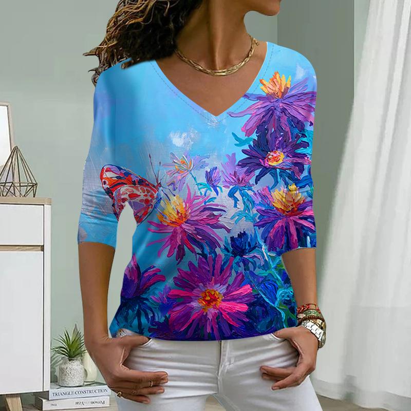 Higanbana Print Women Tshirts Ladies Tops Long Sleeve V-neck Pullover Femme T-shirts T Shirt For Women