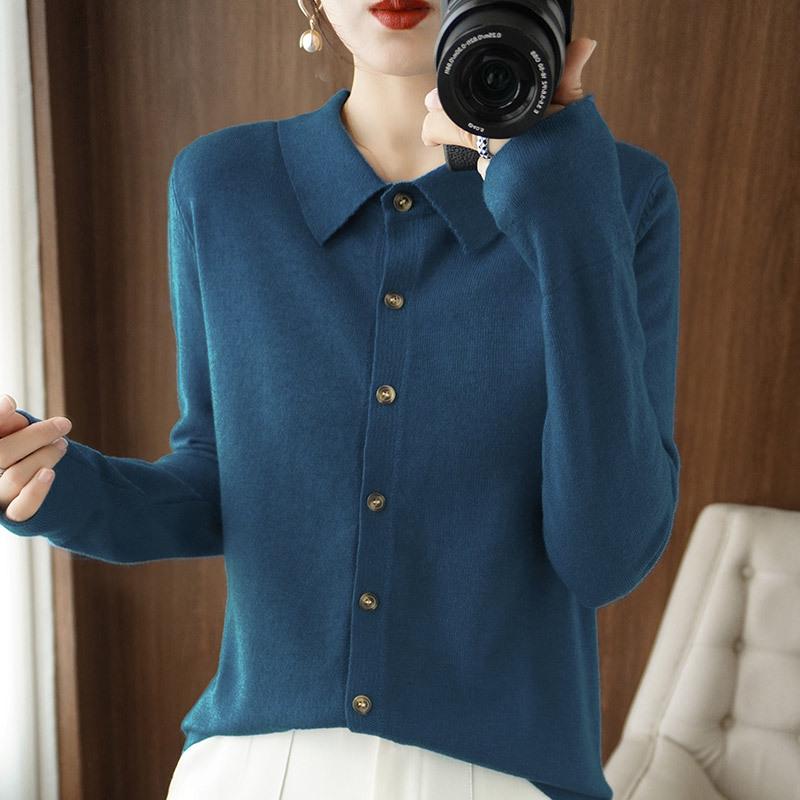 Women's Wool Cardigan with POLO Collar - Long Sleeve Sweater for Spring & Autumn