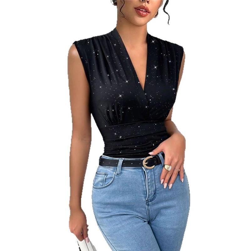 Летняя женская блузка с V-образным вырезом без рукавов, элегантная, с блестящими пайетками, для вечеринок, мероприятий, повседневной носки, стильный и удобный сезонный наряд для женщин