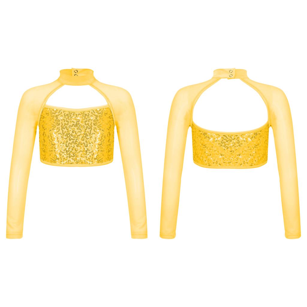 Костюм для танцевальной гимнастики, детский укороченный топ с длинными рукавами и блестящими пайетками для девочек, с открытой спиной