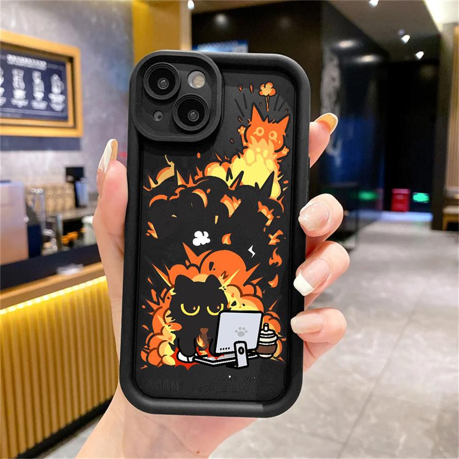Чехол для Apple iPhone 11 15 Pro Max 14 Plus 13 12 16 Ударопрочный Силиконовый Funda Чехол для телефона Мультяшный Черный Кот Взрыв