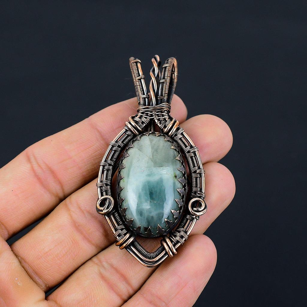Aquamarine Gemstone Pure Copper Wire Wrapped Handmade Unique Pendant Jewelry