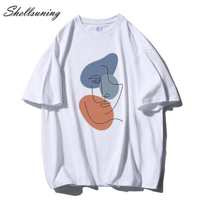 Shellsuning летние футболки с абстрактным принтом персонажей женские свободные эстетические графические футболки женские повседневные хлопковые женские топы с круглым вырезом