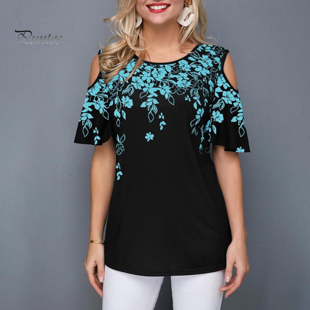 Женская сексуальная футболка с коротким рукавом с круглым вырезом и цветочным принтом, свободная футболка с открытыми плечами