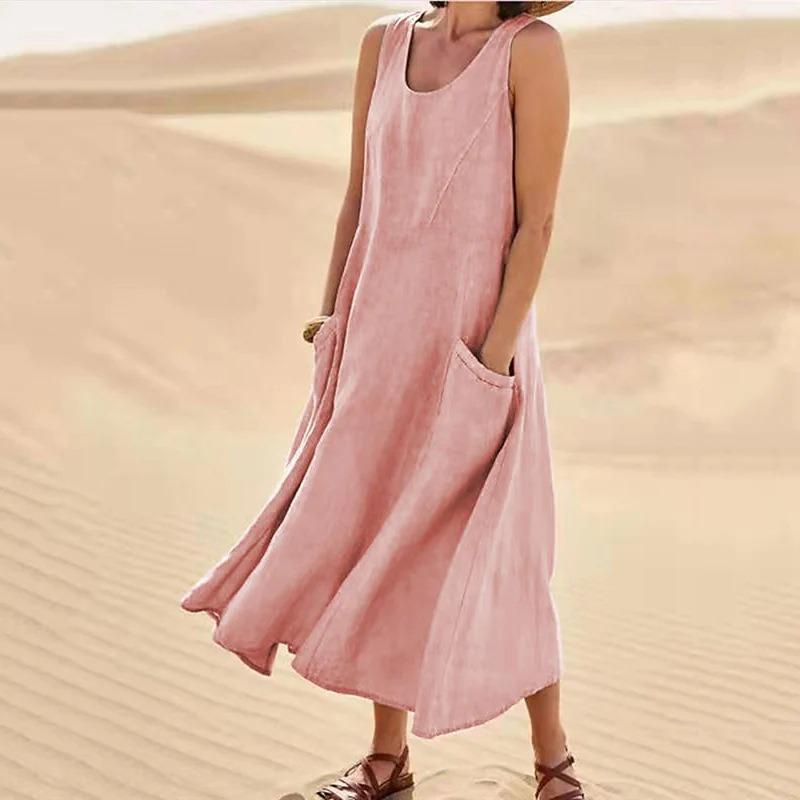 Summertime Pocket Sleeveless Round Neck Women Cotton and Linen Dress