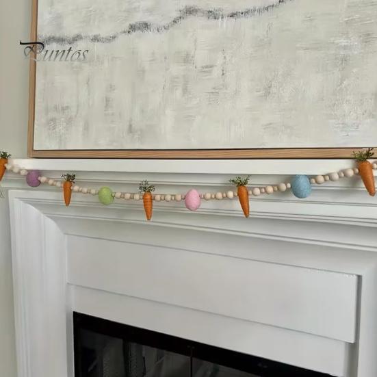 Гирлянда из пасхальных кроликов, фетровые кролики, морковки с деревянными бусинами, пасхальная гирлянда с баннером, весеннее украшение для дома, настенное украшение для каминного стола