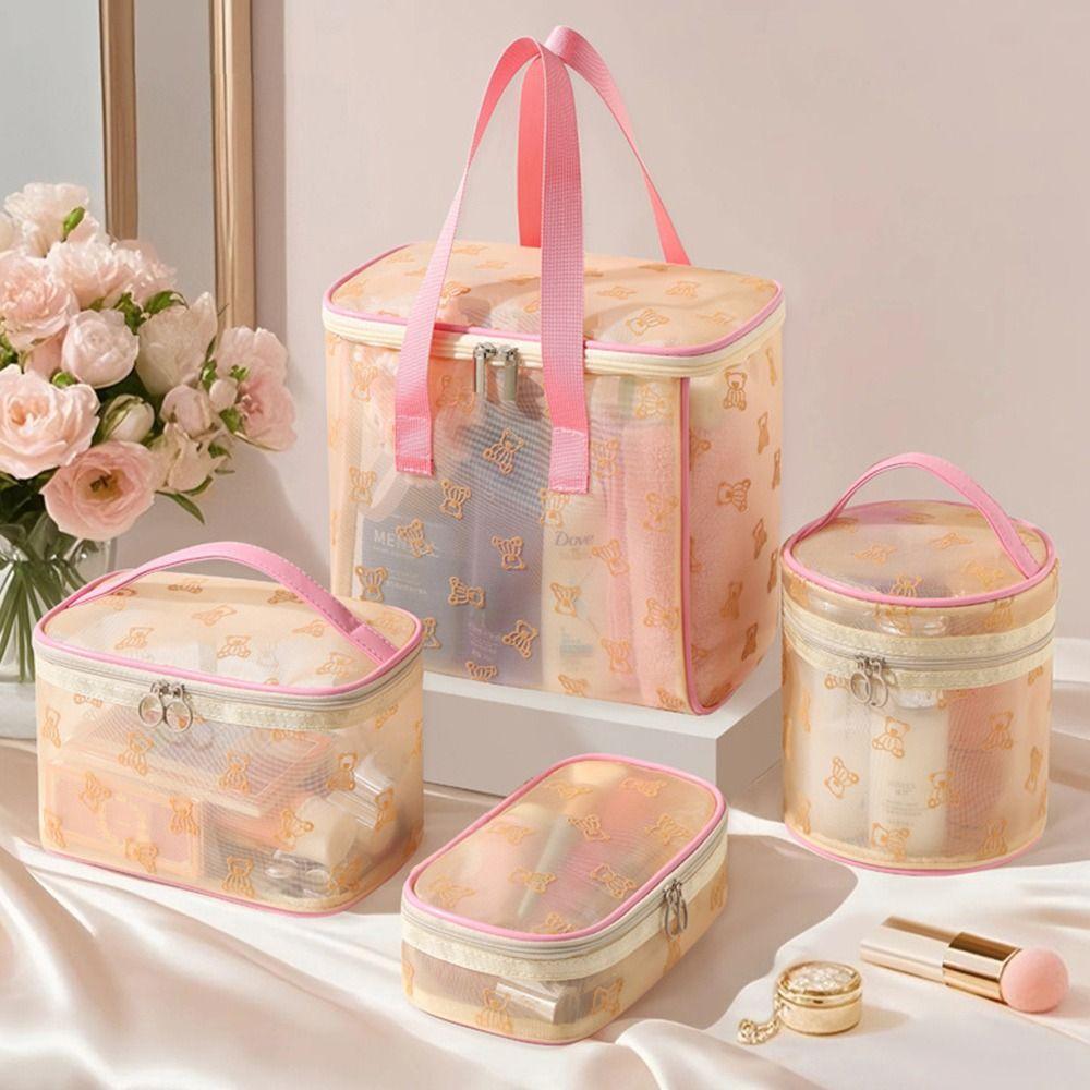 New Pink Beige Mesh Cosmetic Bag Gauze Cartoon Bear Makeup Bag Large Capacity Toiletries Bag Travel Outdoor