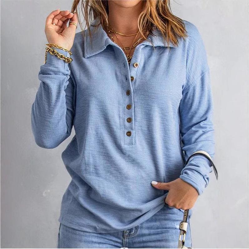 Однотонный трикотажный свитер на пуговицах с лацканами и длинными рукавами, свободная повседневная женская футболка
