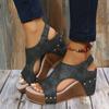 Fashion Fish Mouth Rivet Wedge Platform Sandals Women Plus Size Romen Sandals Vintage Wood Grain Sole Sandalias De Mujer 2024