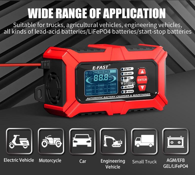 E-FAST 12V Тестер и анализатор аккумуляторов для автомобиля/мотоцикла - Быстрое зарядное устройство для свинцово-кислотных и литий-железо-фосфатных аккумуляторов