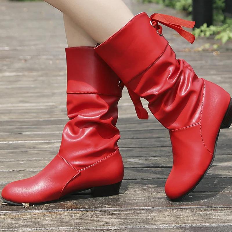 Plus Size 35-43 Women Middle Calf Boots Back Lace Up Low Heels Winter Shoes Black Botines White Botas Mujer Female Snow Boot Red