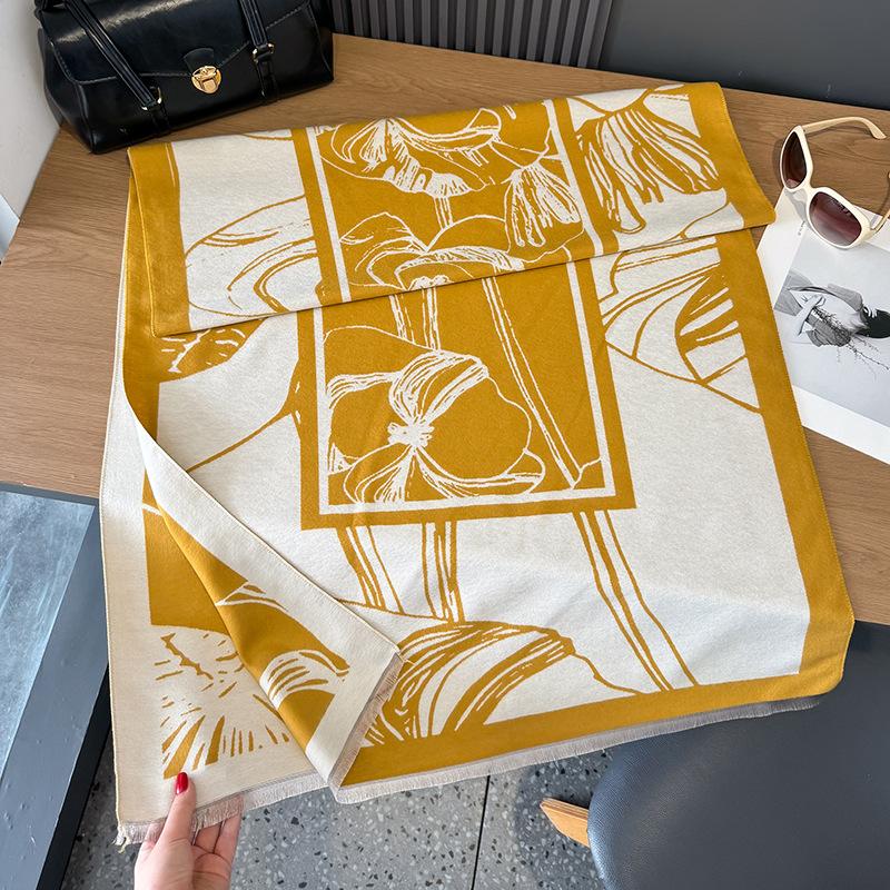 Retro Printing Contrasting Colors Double-sided Imitation Cashmere Scarf Winter High-end Warm Shawl Women