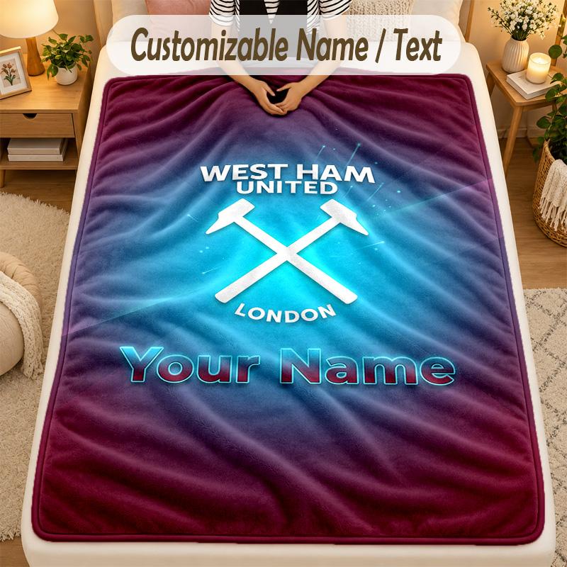 Flannel BlanketWest Ham United FC Custom Name Text Personalized Soft Warm Throw Blanket Home Decor Gift