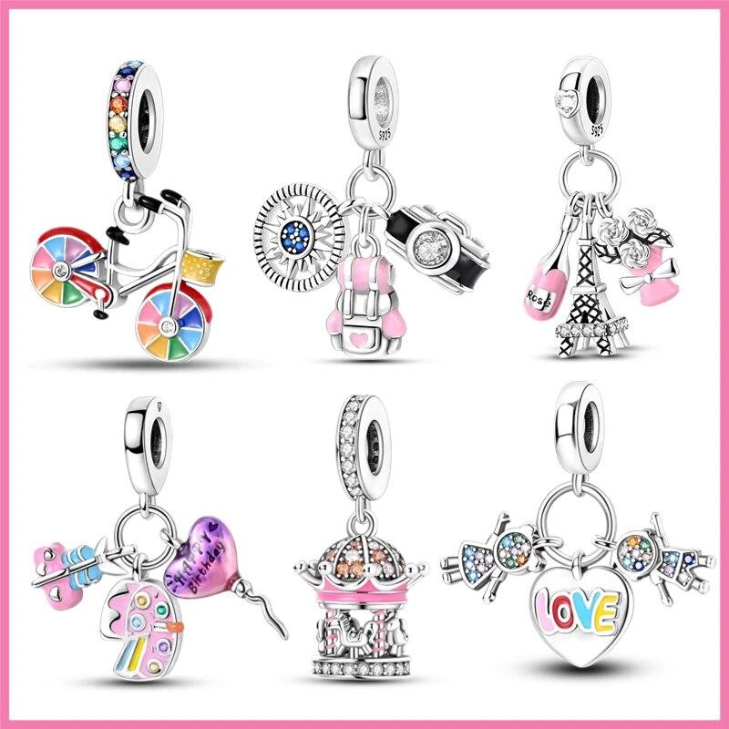 Happy Birthday Pink Color Travel Camera Compass Colorful Bike Charms Fit Bracelet Diy Jewelry Making