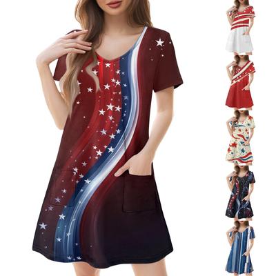 Женские модные повседневные платья с карманами и принтом в богемном стиле, пляжные платья с v-образным вырезом и короткими рукавами