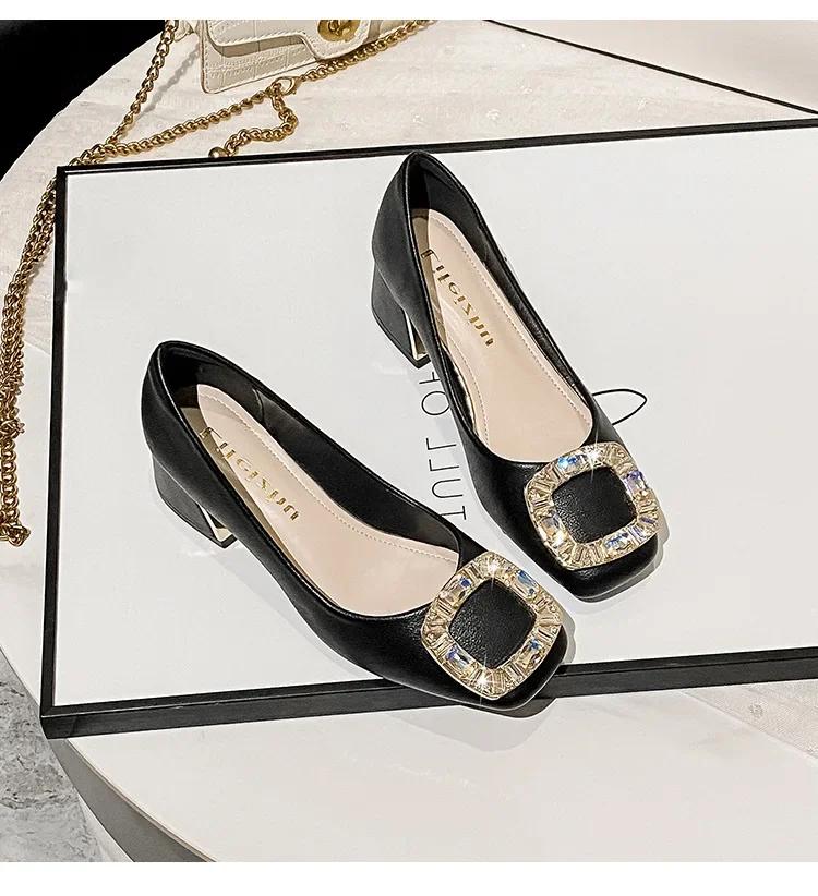 New Shoes for Women Leather Pumps New OL Round Rhinestone Casual High Heels Shoes Girl Concise Dress Shoes