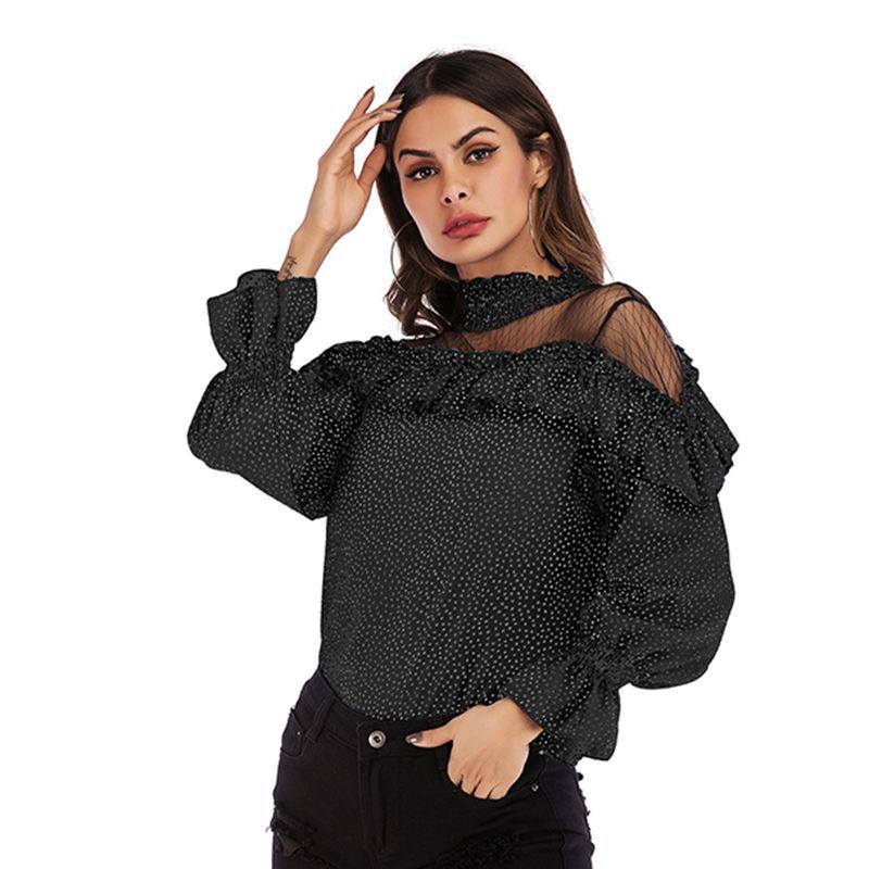 Spring and Autumn Women's Chiffon Long Sleeve Pleated Mesh Splicing Ruffle Polka Dot Chiffon Blouse Top