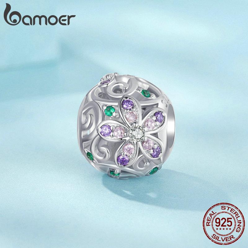 Bamoer 925 пробы серебро ослепительный циркон розовый цветок подвески божья коровка бусины для женщин браслет и ожерелье DIY ювелирные изделия