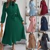 Autumn and Winter Elegant Stand-up Collar, Long-sleeved, Cinched Waist, Pleated Long Dress and Cocktail Dress Women's Wear
