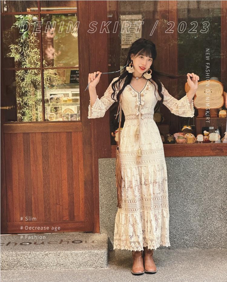 2024 Богемное платье с кисточками и кружевом, с высокой талией, абрикосового цвета - Стройнящий отпускной стиль