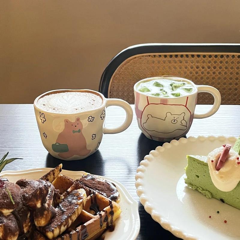 Креативные милые керамические кружки с рисунком медведя и ручкой, нестандартные кофейные чашки ручной работы, чашка для завтрака, молока, овсянки, чая