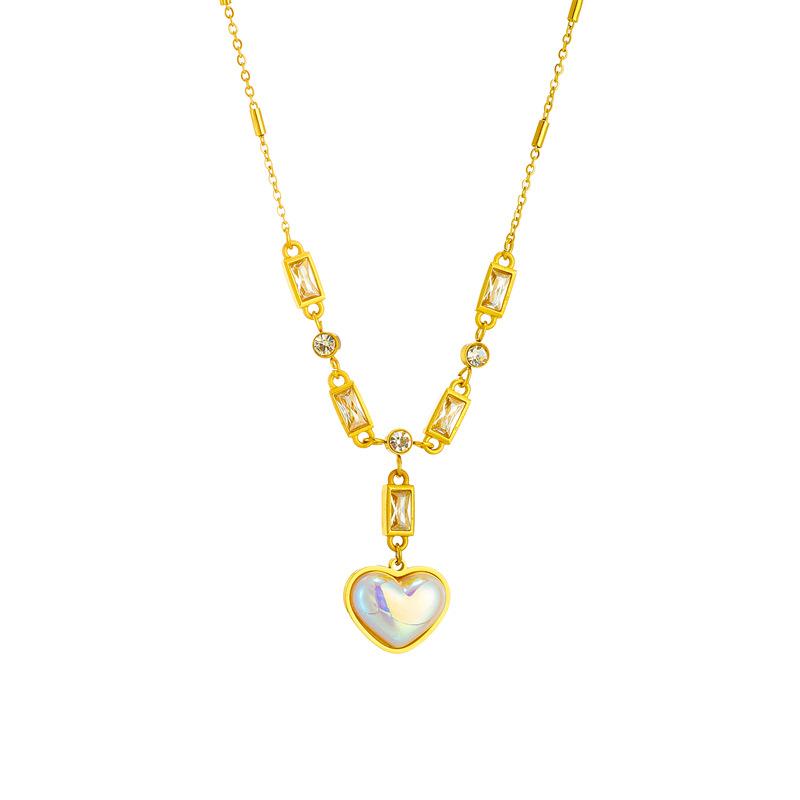 Gold Plated Heart Mother of Pearl CZ Necklace, Dainty Link Chain with Baguette Zircon & MOP Heart Pendant, Luxury Jewelry for Women Gift