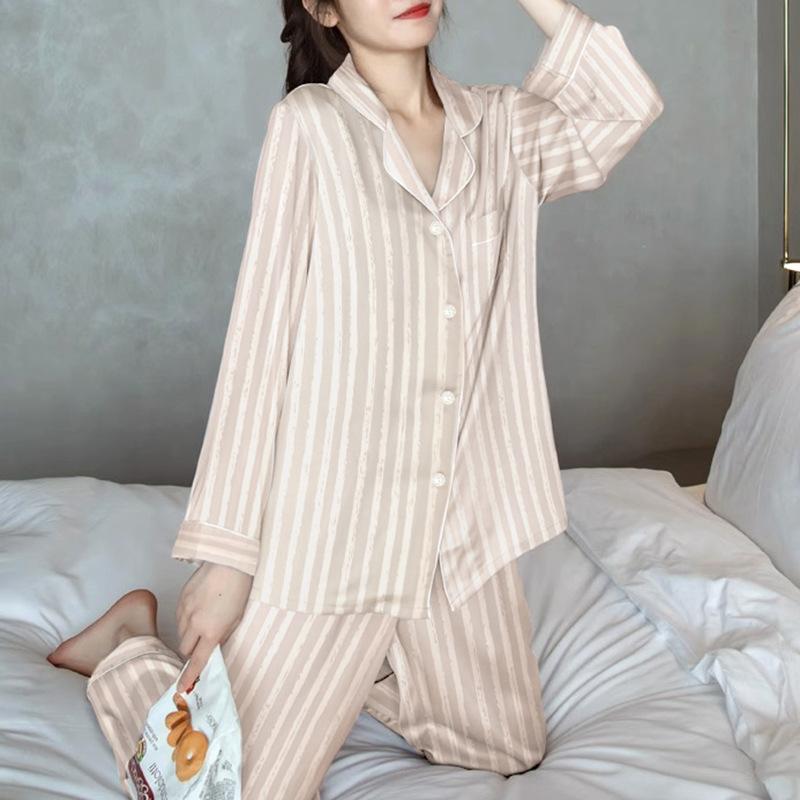 French High-End Ice Silk Pajamas Women'S Spring And Summer Striped Long-Sleeved Trousers Loungewear Suit Can Be Worn Outside
