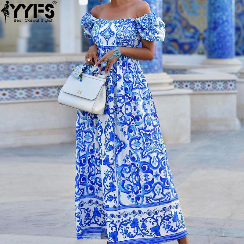 YYFS Женская мода весна осень бохо принт короткий рукав одно плечо высокая талия повседневные платья