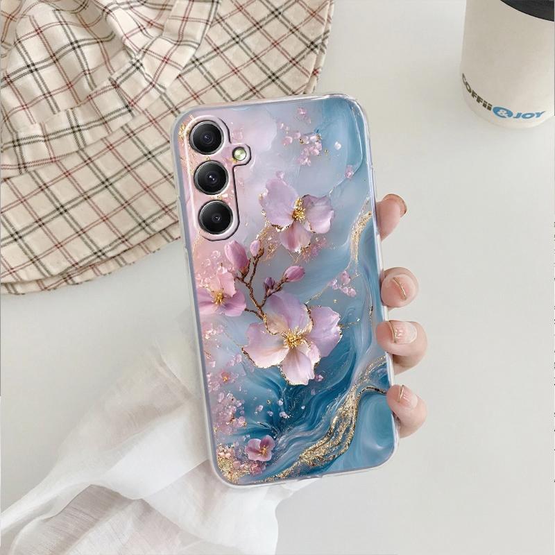 Мягкий прозрачный силиконовый чехол Flower Marble для Xiaomi Redmi Note 13 14T 15 Samsung A55 A35 S24 FE iPhone Huawei Honor Camera Защитный противоударный чехол