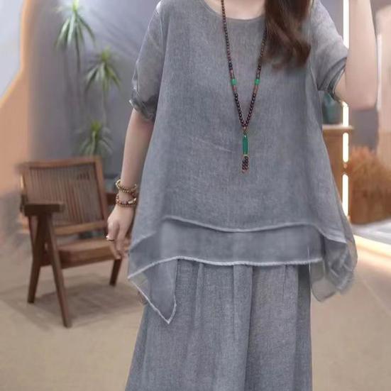 2 Pcs/Set Women Top Pants Set Round Neck Half Sleeves Irregular Hem Blouse