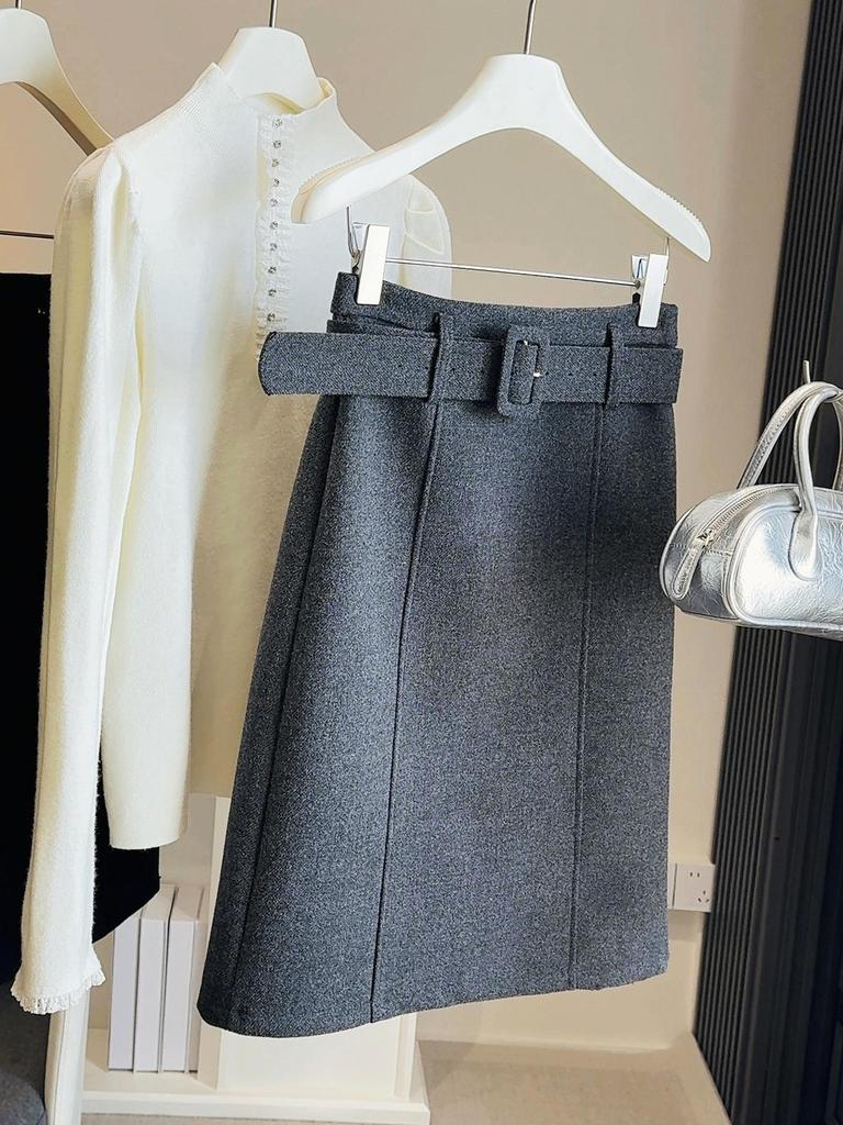 2025 Autumn/Winter Women's High-End Korean Grey Woolen Hip-Hugging Mid Skirt