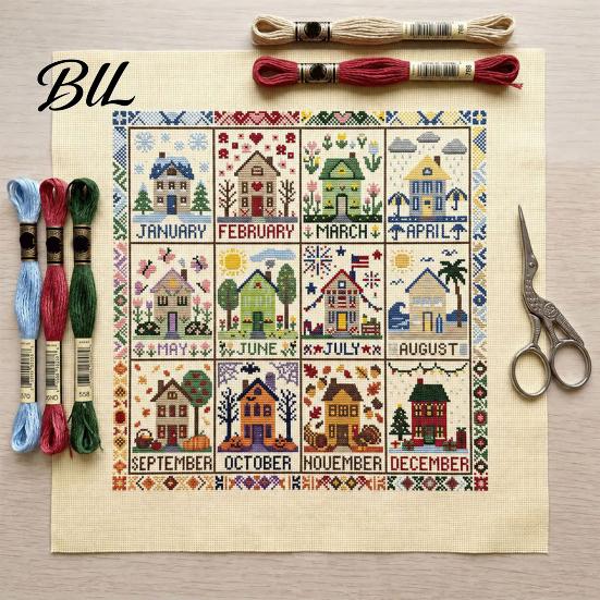 Handcrafted Home Wall Hanging 12-Month Cross Stitch Kit, DIY Four Seasons Embroidery Seasonal Easy Pattern for Novice Stamped Stitching Craft