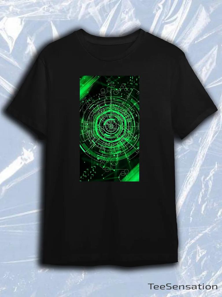 TeeSensation Black Crew Neck Short Sleeve T-Shirt with Green Cyberpunk Circular Tech HUD Print