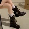 Queen Fan Black British Style Thick Heel Height Increase Martin Boots Women's 2025 New Autumn Popular Retro Short Boots