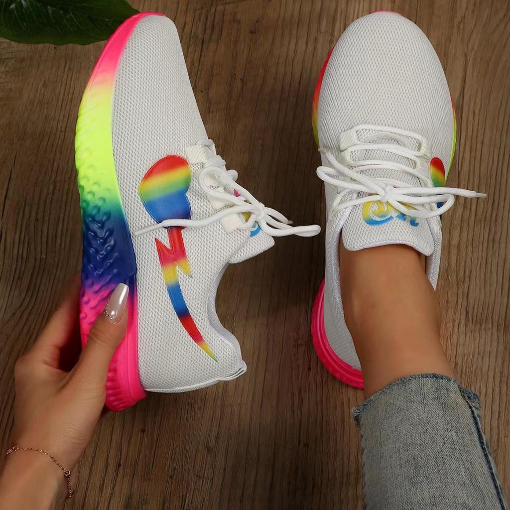 Summer Women's Mesh Sneakers Large Size Rainbow Bottom Elastic Flat Bottom Lace-up Knitted Sneakers Women