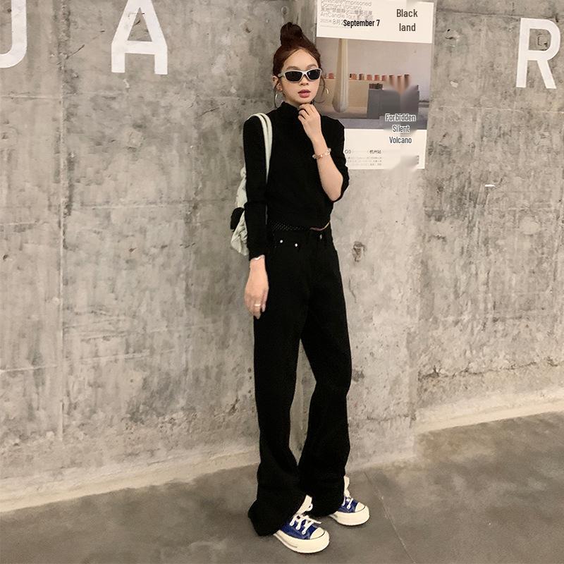 Женские черные джинсы микро-клеш с высокой посадкой 2025 - Осенние стройнящие, свободного кроя, универсальные драпирующиеся брюки в пол