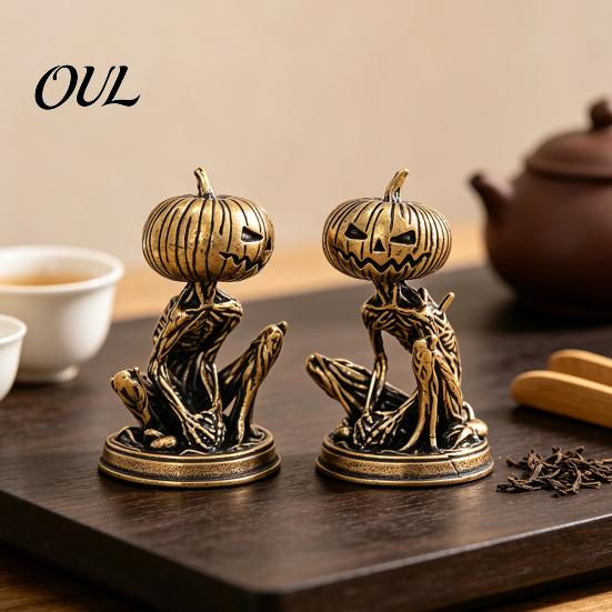 Brass Pumpkin Monsters Ornaments Solid Figurine, Distressed Statue, Vintage Skeleton Halloween Table Decorations Sculpture for Home Office Holiday