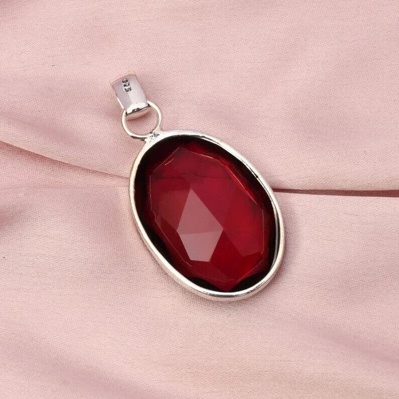 925 Sterling Silver Natural Red Garnet Gemstone Pendant Silver Chain Necklace