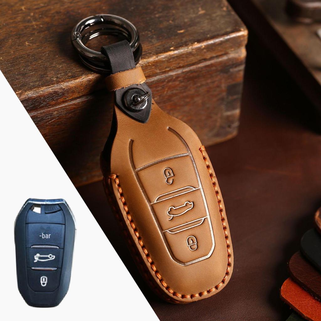 Genuine Leather Hand-Sewn Key Cover for Dongfeng Peugeot & Citroen DS
