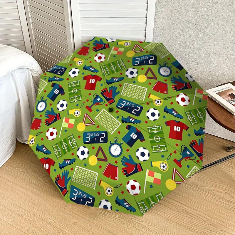 Soccer-themed Sports Equipment Set with Automatic Opening Umbrella, Portable Tri-fold Design, 8-Bone Iron Frame, Outdoor Rain Gear, Ideal Gi