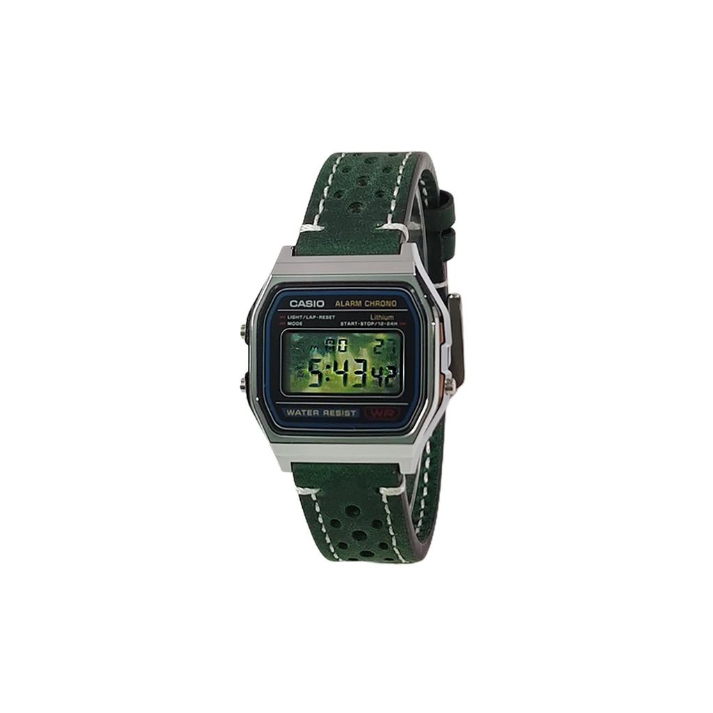 Casio Часы с кварцевым механизмом, кожаным ремешком, зеленым циферблатом, унисекс, A158WA-1(Часы1100--)
