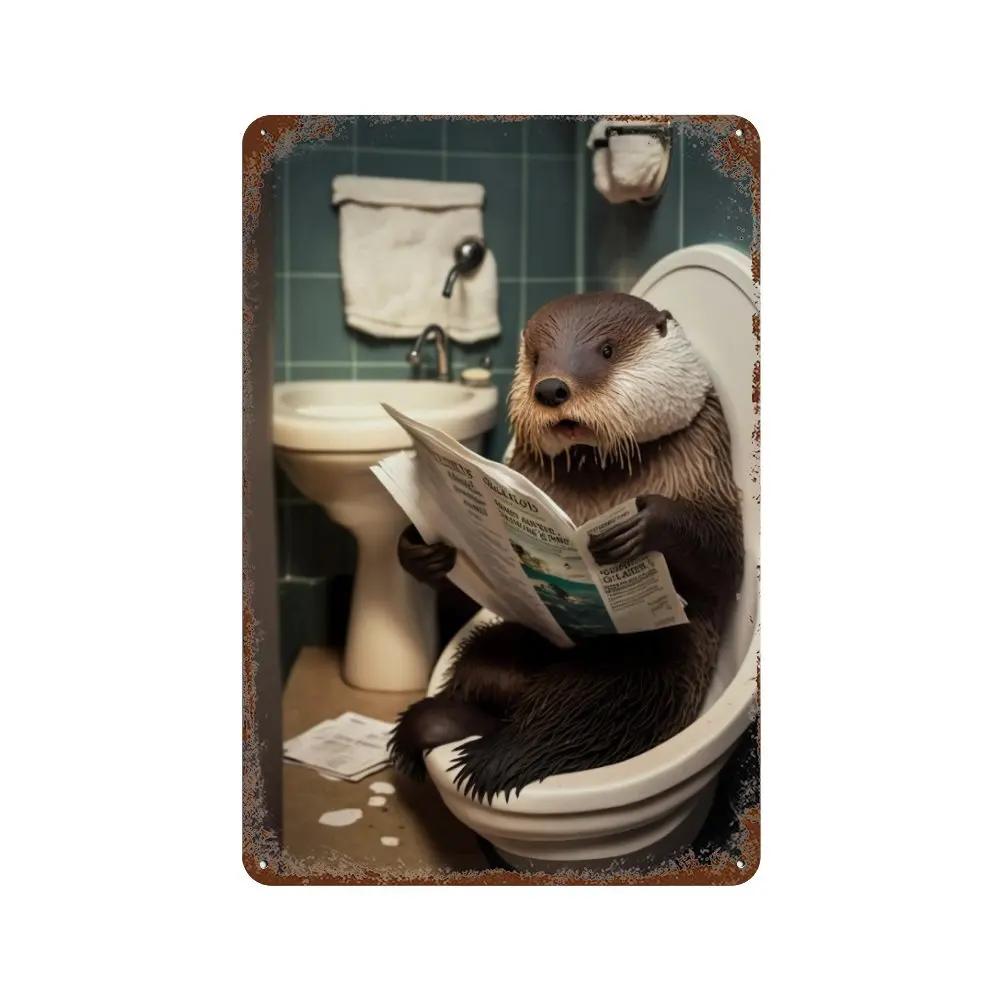 Забавная ванная комната, юмористический декор в виде животных, медведь, собака, тигр, сидящий на унитазе, читающий плакат, художественная металлическая жестяная вывеска, табличка для туалета, дома