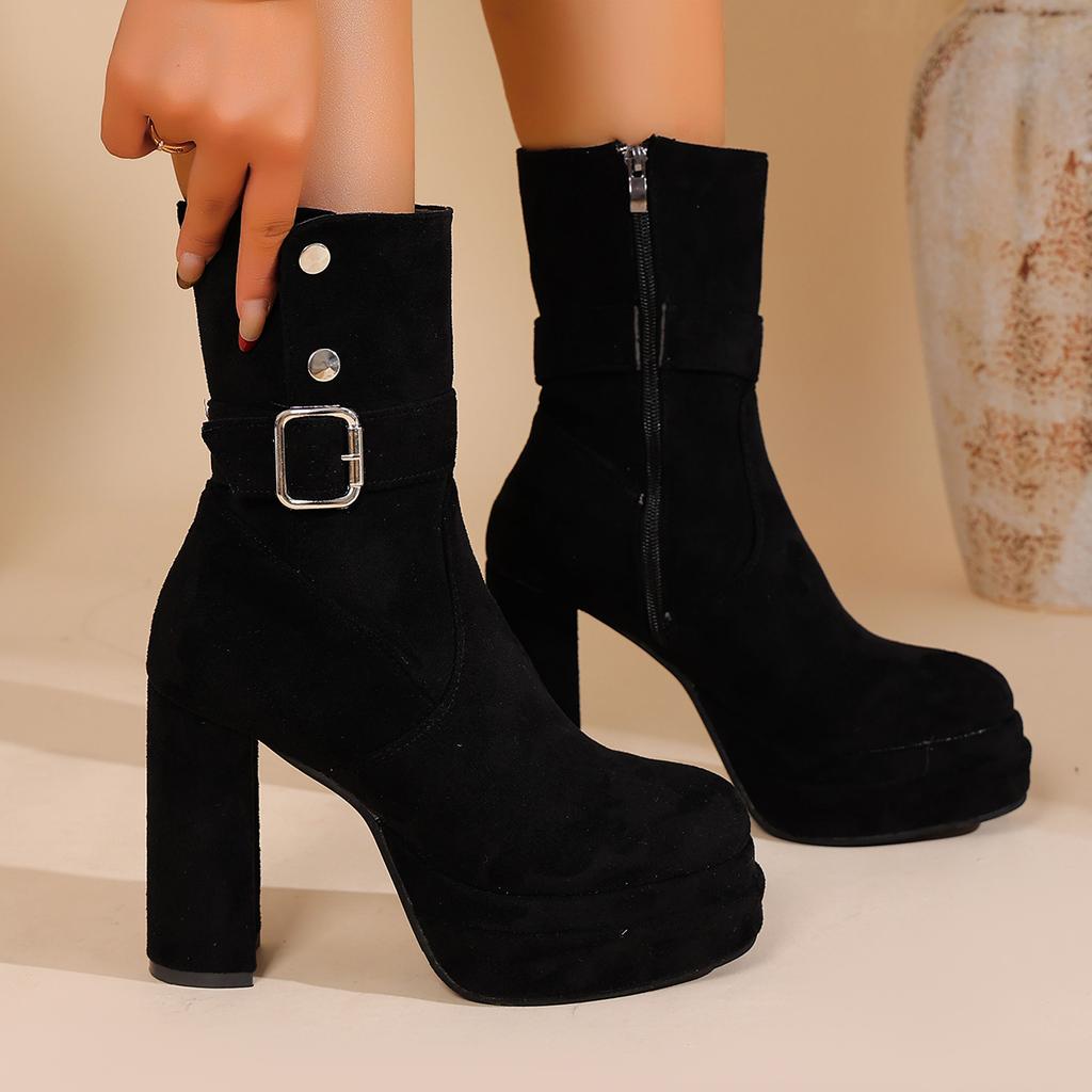 Fashion Chunky Platform Super High Heel Ankle Boots Women 2025 Winter Metal Buckle Suede Black Boots Sexy Party Nightclub Shoes Autumn